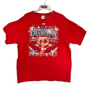 Philadelphia Phillies 2008 World Series Champions Baseball Red T Shirt L Roster